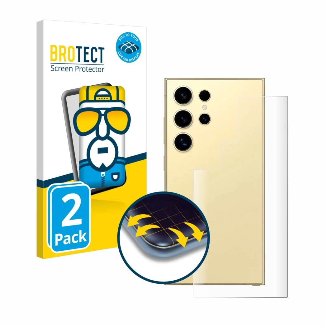 Front side of a product packaging with the brand logo BROTECT. Next to it is the device Samsung Galaxy S24 Ultra (Back) shown