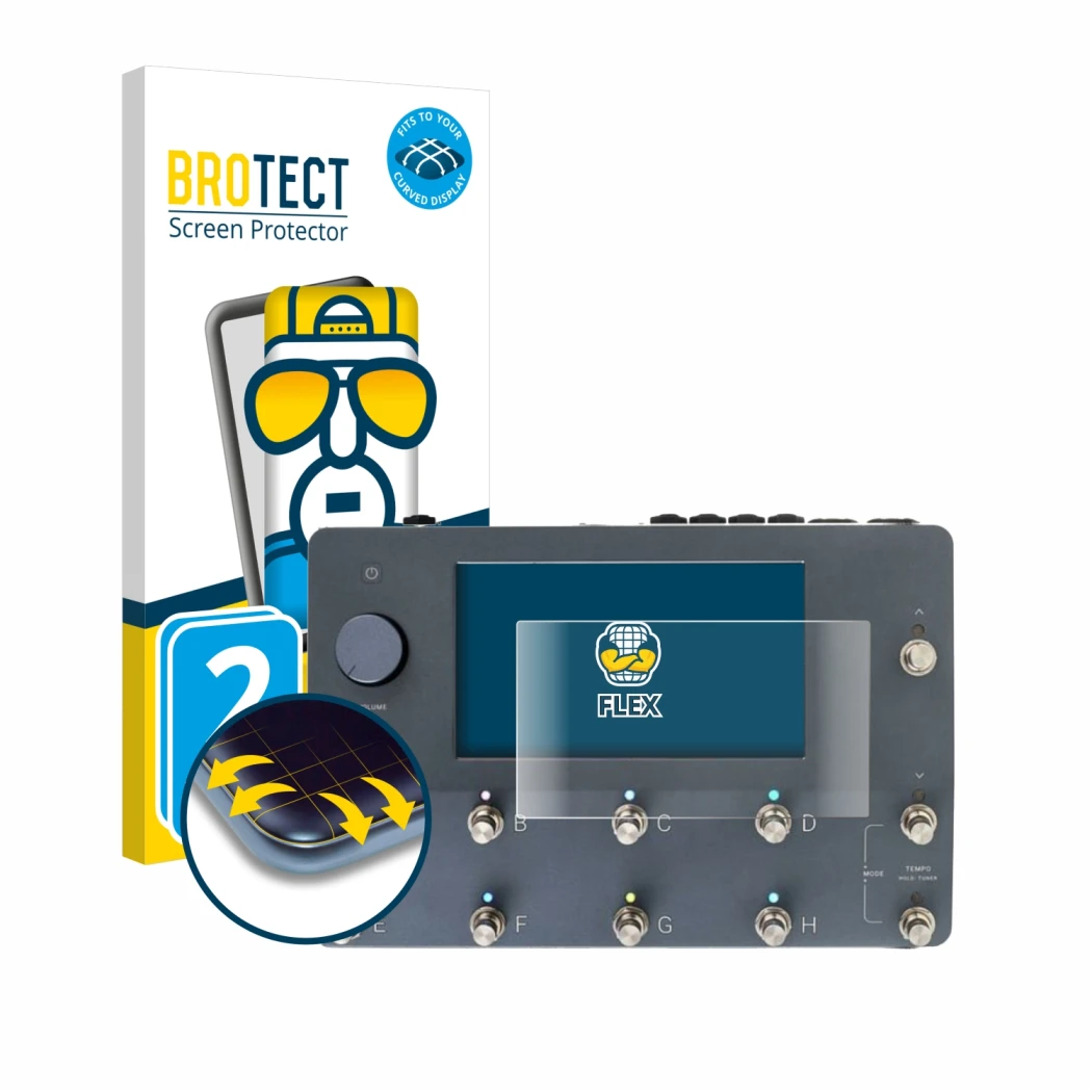 Front side of a product packaging with the brand logo BROTECT. Next to it is the device Neural DSP Quad Cortex shown with the