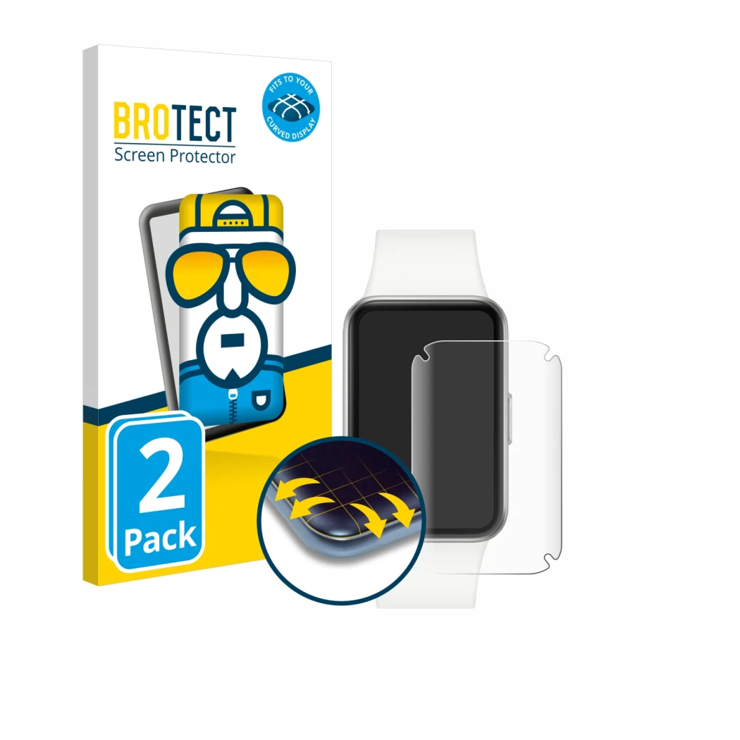 Front side of a product packaging with the brand logo BROTECT. Next to it is the device Samsung Galaxy Fit3 shown with the cor