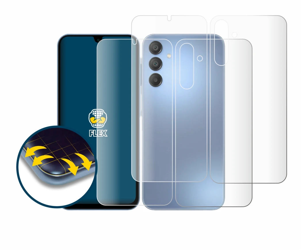 Image of the device Samsung Galaxy A15 (Front+Back) with a wide variety of screen protectors.