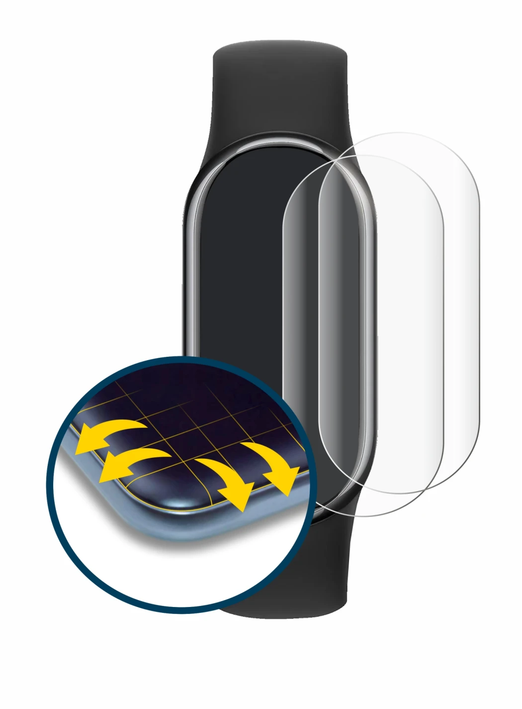 Image of the device Xiaomi Smart Band 8 with a wide variety of screen protectors.