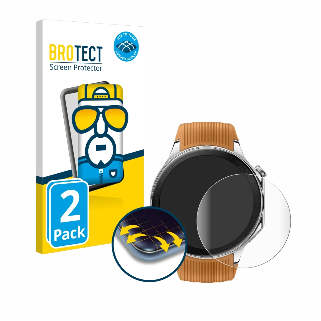 Front side of a product packaging with the brand logo BROTECT. Next to it is the device Oppo Watch X shown with the correspond