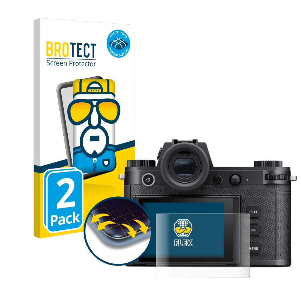 Front side of a product packaging with the brand logo BROTECT. Next to it is the device Leica SL3 shown with the corresponding