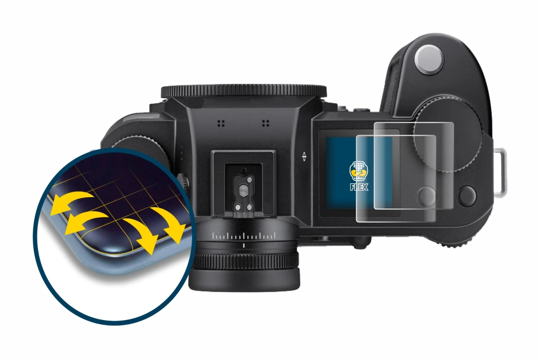 Image of the device Leica SL3 (top plate display) with a wide variety of screen protectors.