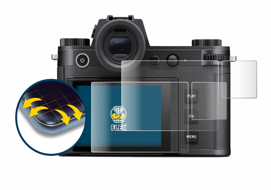 Image of the device Leica SL3 (Display + top plate display) with a wide variety of screen protectors.