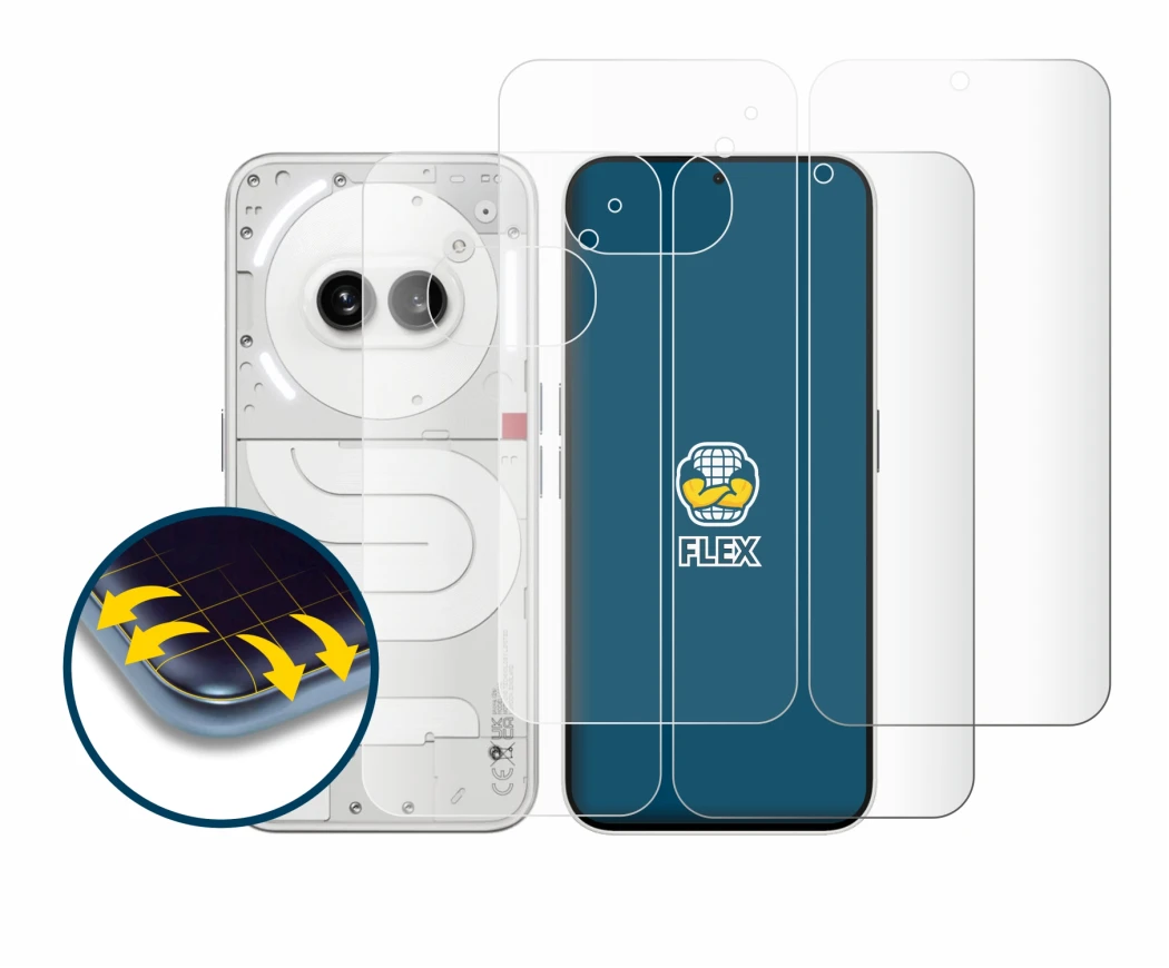 Image of the device Nothing Phone (2a) (Front+Back) with a wide variety of screen protectors.