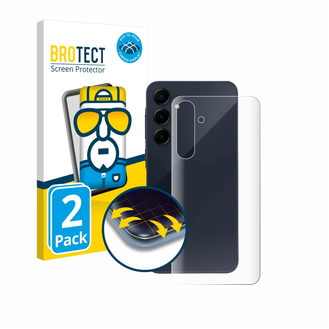 Front side of a product packaging with the brand logo BROTECT. Next to it is the device Samsung Galaxy A55 5G (Back) shown wit