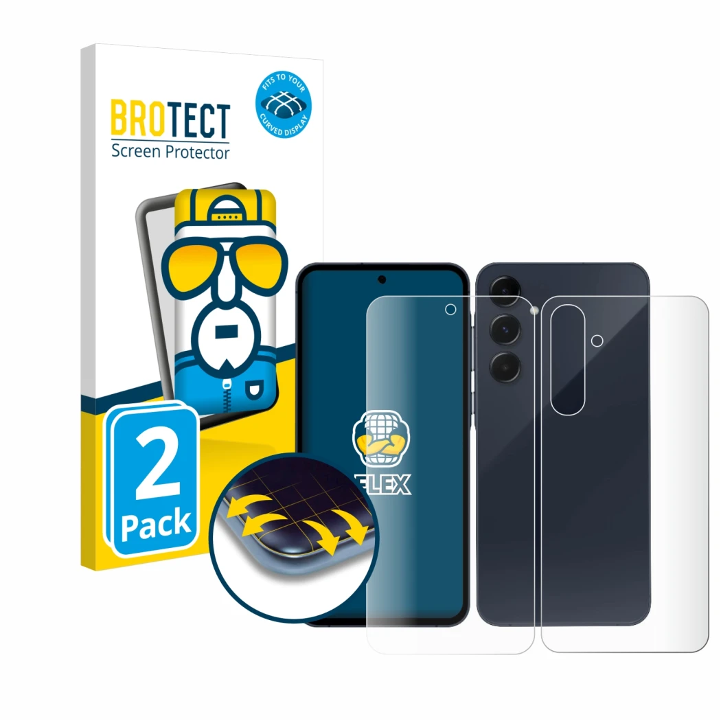 Front side of a product packaging with the brand logo BROTECT. Next to it is the device Samsung Galaxy A55 5G (Front+Back) sho