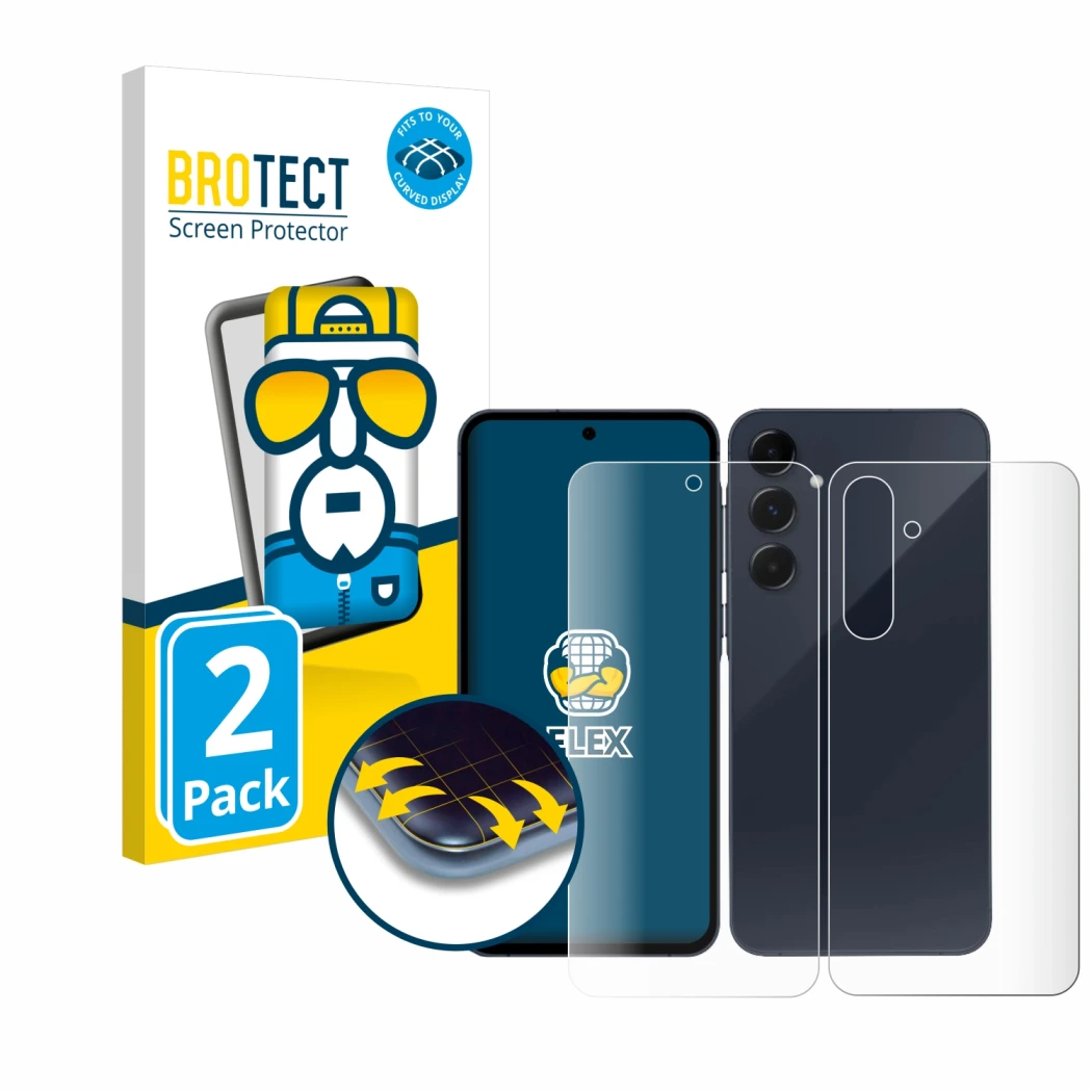 Front side of a product packaging with the brand logo BROTECT. Next to it is the device Samsung Galaxy A35 5G (Front+Back) sho