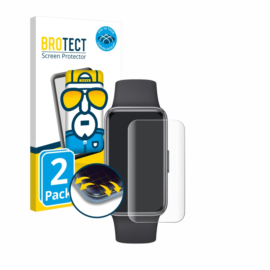 Front side of a product packaging with the brand logo BROTECT. Next to it is the device Huawei Band 9 shown with the correspon