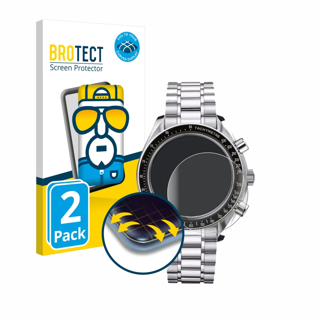 Front side of a product packaging with the brand logo BROTECT. Next to it is the device Omega Speedmaster Reduced (39 mm) show