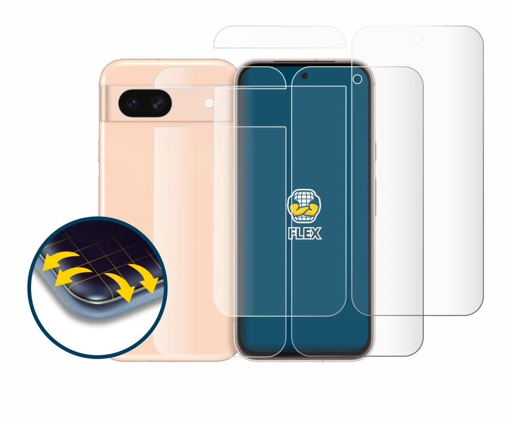 Image of the device Google Pixel 8a (Front+Back) with a wide variety of screen protectors.