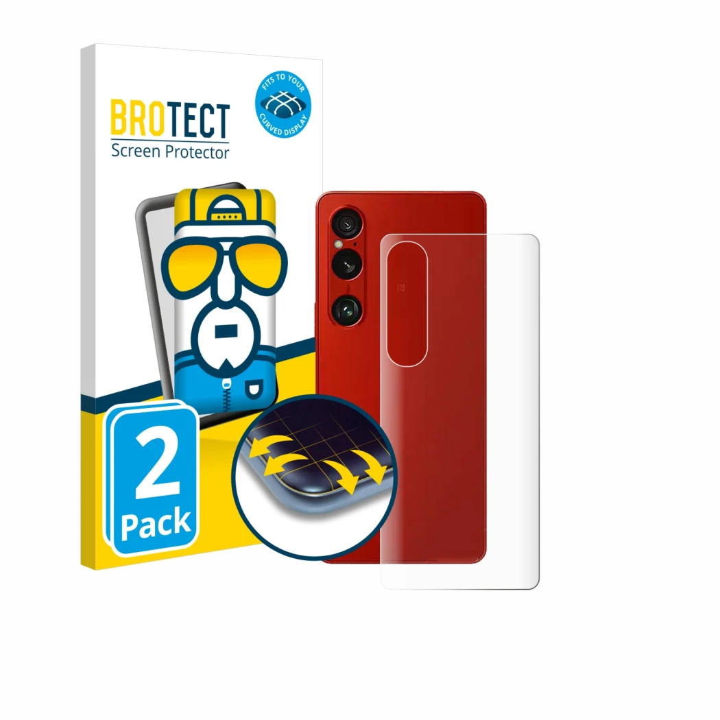 Front side of a product packaging with the brand logo BROTECT. Next to it is the device Sony Xperia 1 VI (Back) shown with the