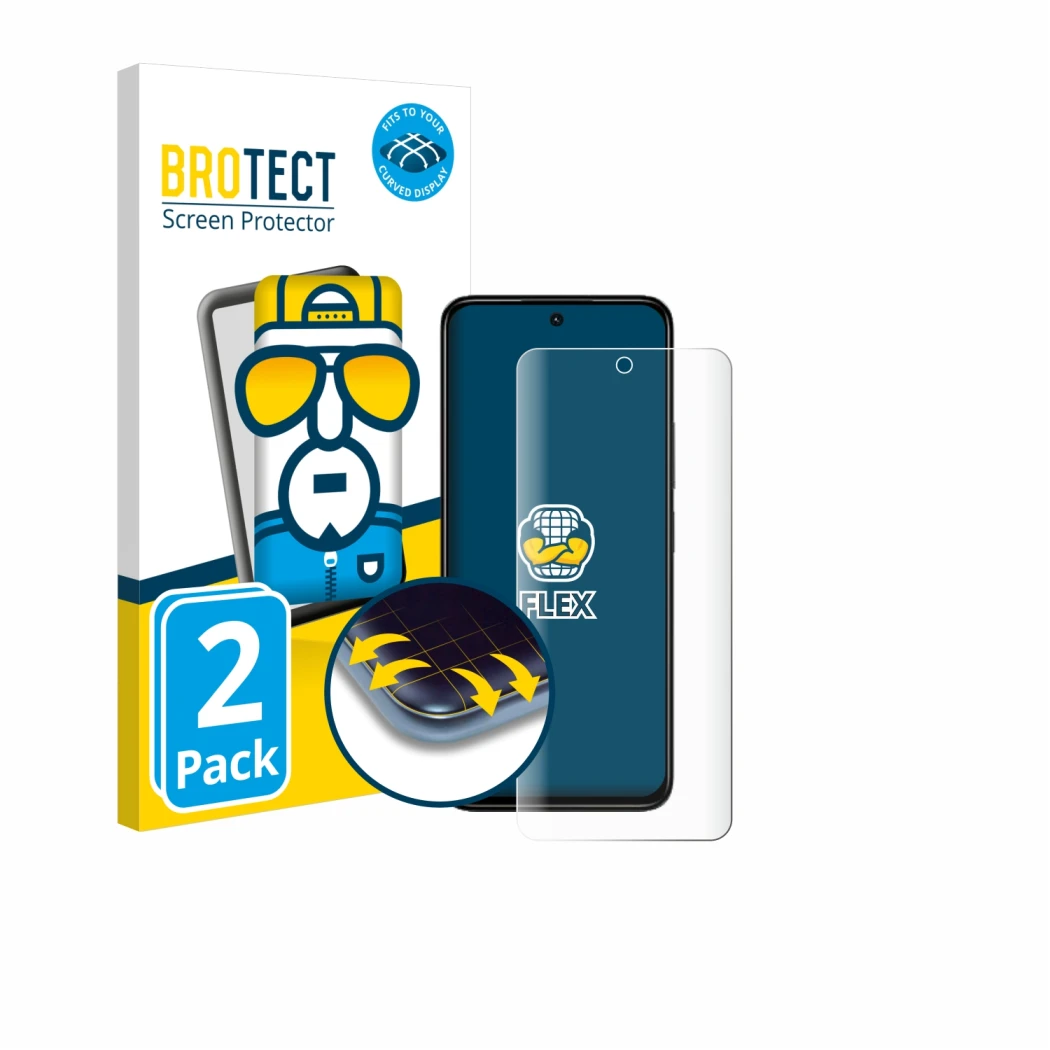 Front side of a product packaging with the brand logo BROTECT. Next to it is the device Xiaomi Redmi 13 shown with the corresp