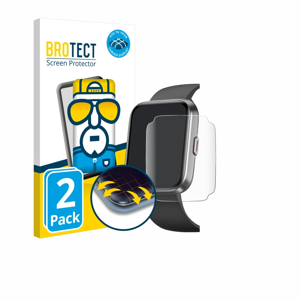 Front side of a product packaging with the brand logo BROTECT. Next to it is the device Fitpolo ID208 PLUS 1.8