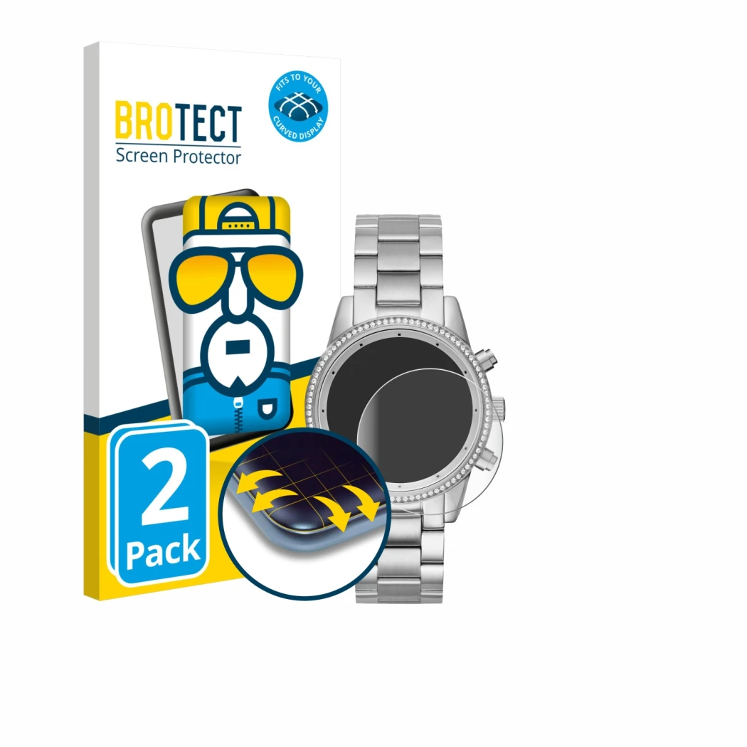 Front side of a product packaging with the brand logo BROTECT. Next to it is the device Michael Kors Ritz MK6428 shown with th