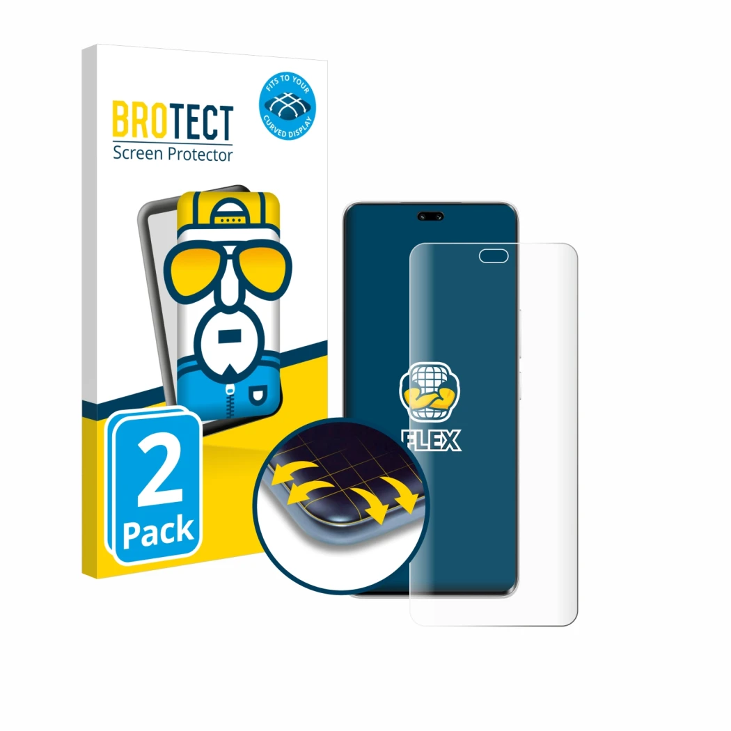 Front side of a product packaging with the brand logo BROTECT. Next to it is the device Honor 200 Pro shown with the correspon
