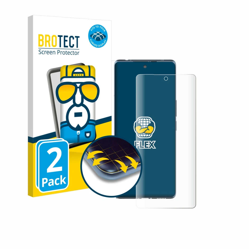 Front side of a product packaging with the brand logo BROTECT. Next to it is the device HTC U24 Pro shown with the correspondi