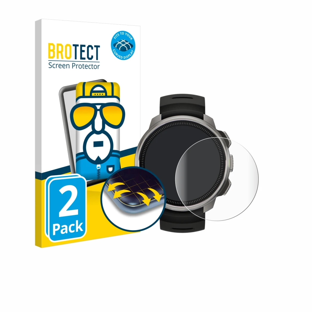 Front side of a product packaging with the brand logo BROTECT. Next to it is the device Suunto Ocean shown with the correspond