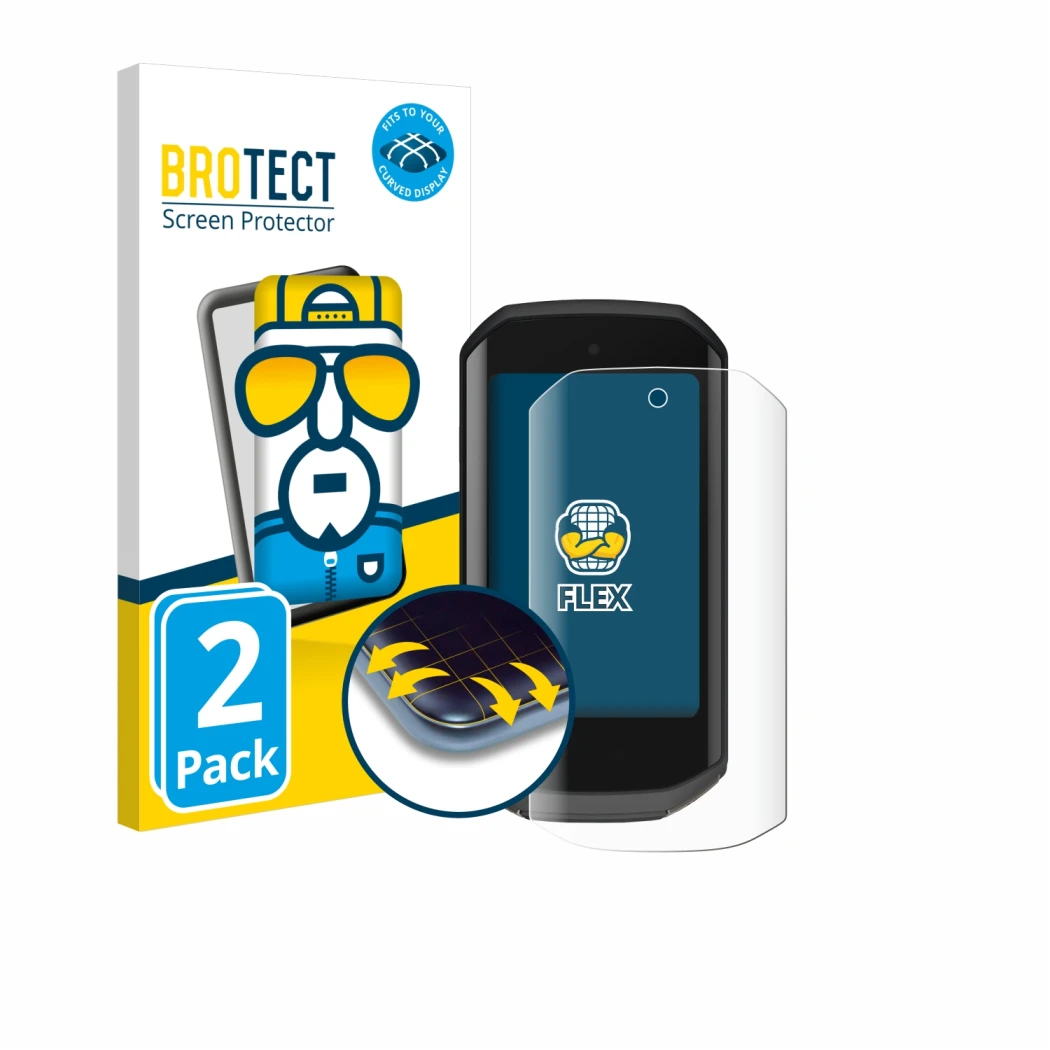 Front side of a product packaging with the brand logo BROTECT. Next to it is the device Garmin Edge 1050 shown with the corres