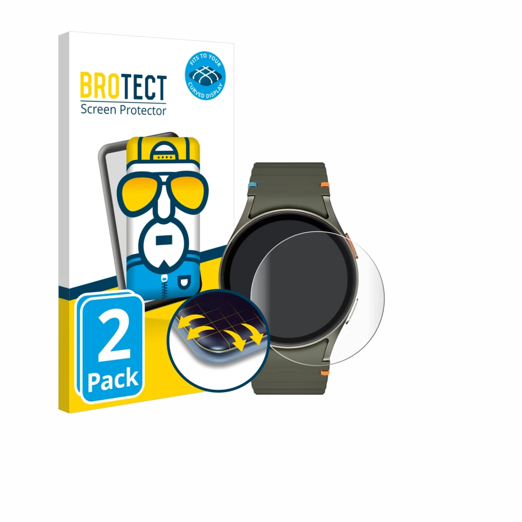 Front side of a product packaging with the brand logo BROTECT. Next to it is the device Samsung Galaxy Watch 7 (40 mm) shown w