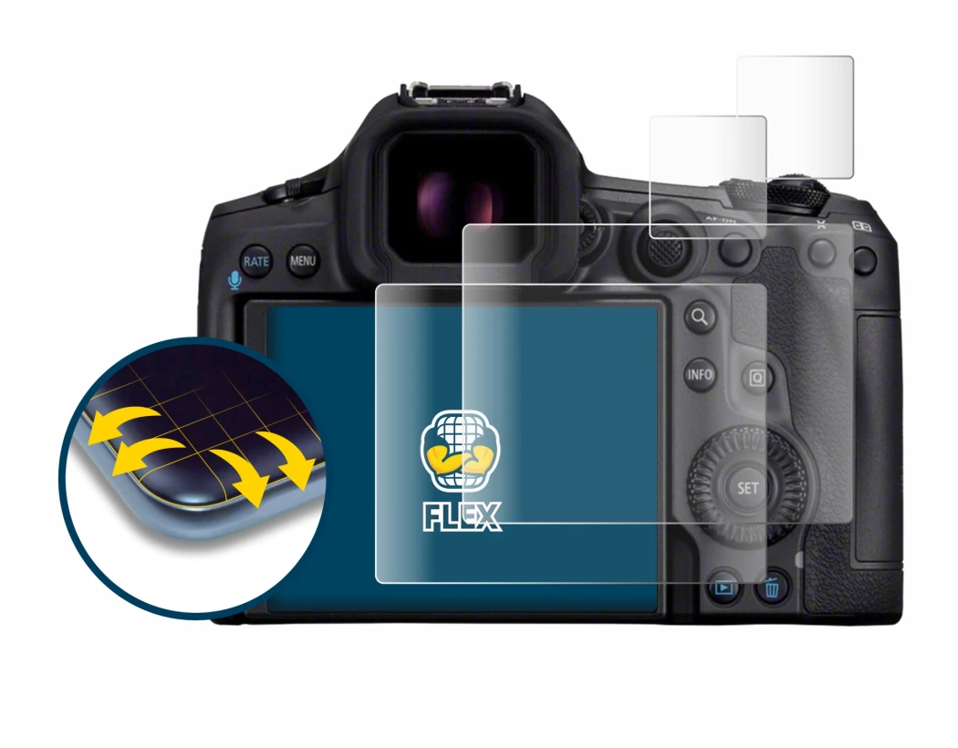 Image of the device Canon EOS R5 Mark II with a wide variety of screen protectors.