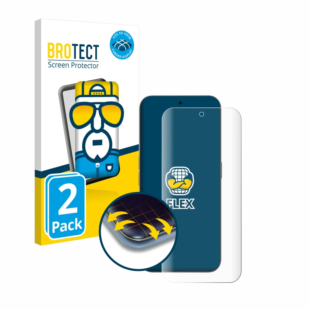 Front side of a product packaging with the brand logo BROTECT. Next to it is the device Nothing Phone (2a) Plus shown with the