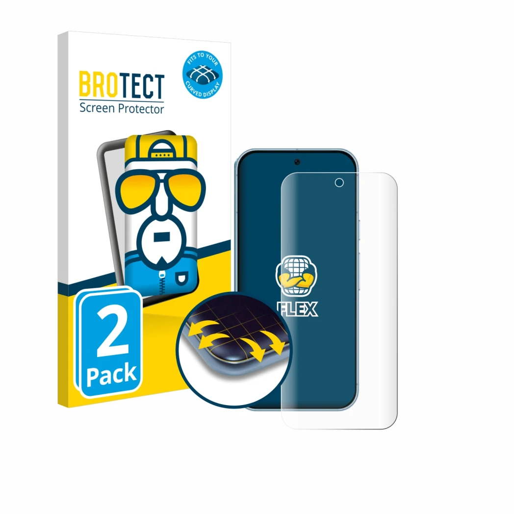 Front side of a product packaging with the brand logo BROTECT. Next to it is the device Google Pixel 9 Pro XL shown with the c