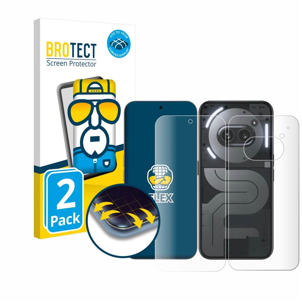 Front side of a product packaging with the brand logo BROTECT. Next to it is the device Nothing Phone (2a) Plus (Front+Back) s