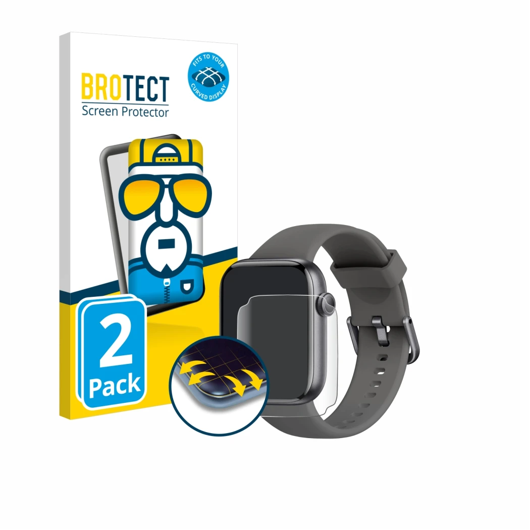 Front side of a product packaging with the brand logo BROTECT. Next to it is the device AcclaFit P5 1.85