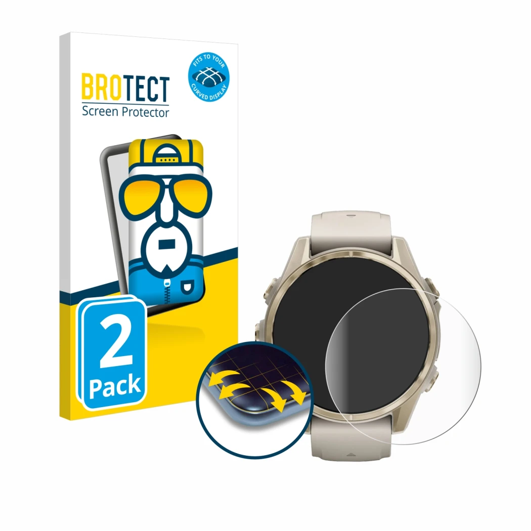 Front side of a product packaging with the brand logo BROTECT. Next to it is the device Garmin Fenix 8 (43 mm) shown with the