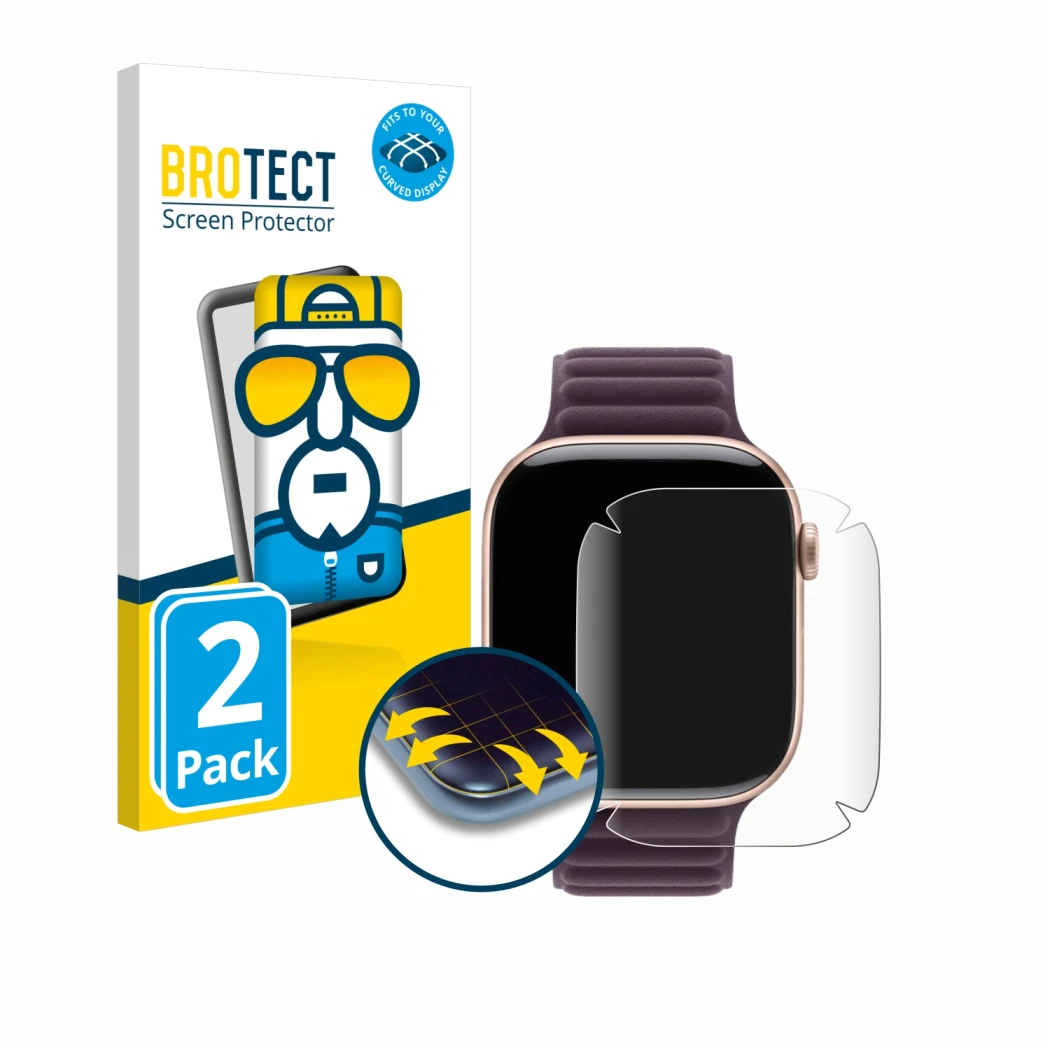 Front side of a product packaging with the brand logo BROTECT. Next to it is the device Apple Watch Series 10 (42 mm) shown wi