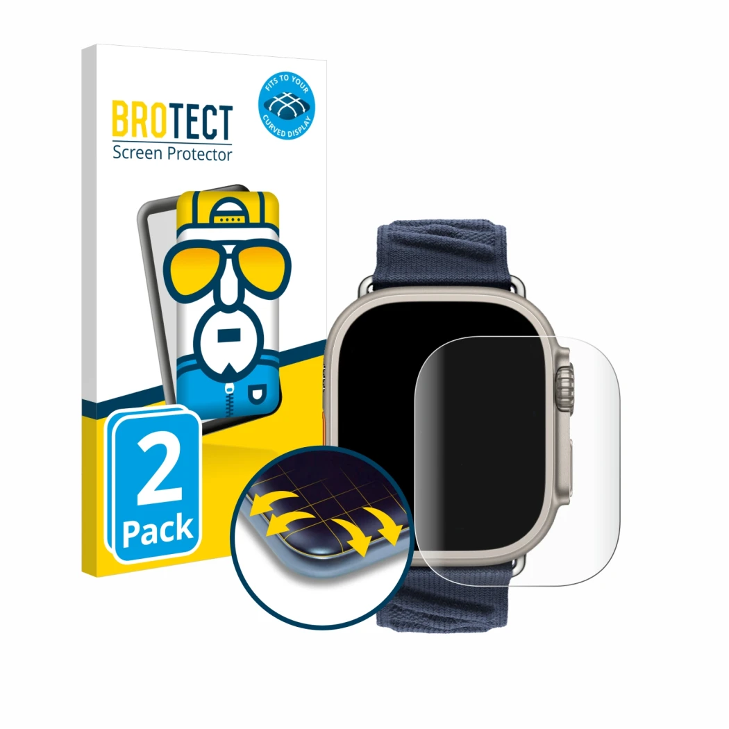 Front side of a product packaging with the brand logo BROTECT. Next to it is the device Apple Watch Hermès Ultra 2 shown with