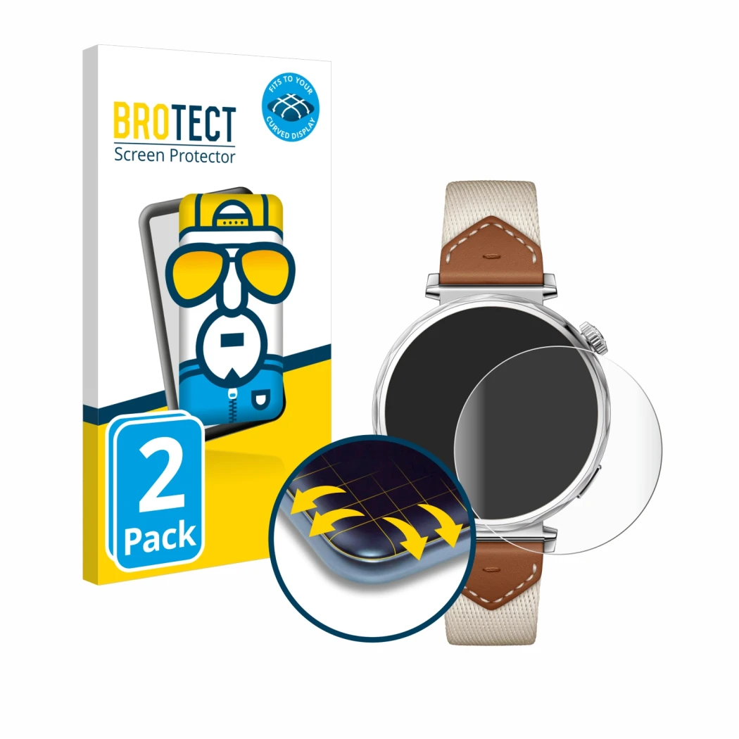 Front side of a product packaging with the brand logo BROTECT. Next to it is the device Huawei Watch GT 5 (41 mm) shown with t