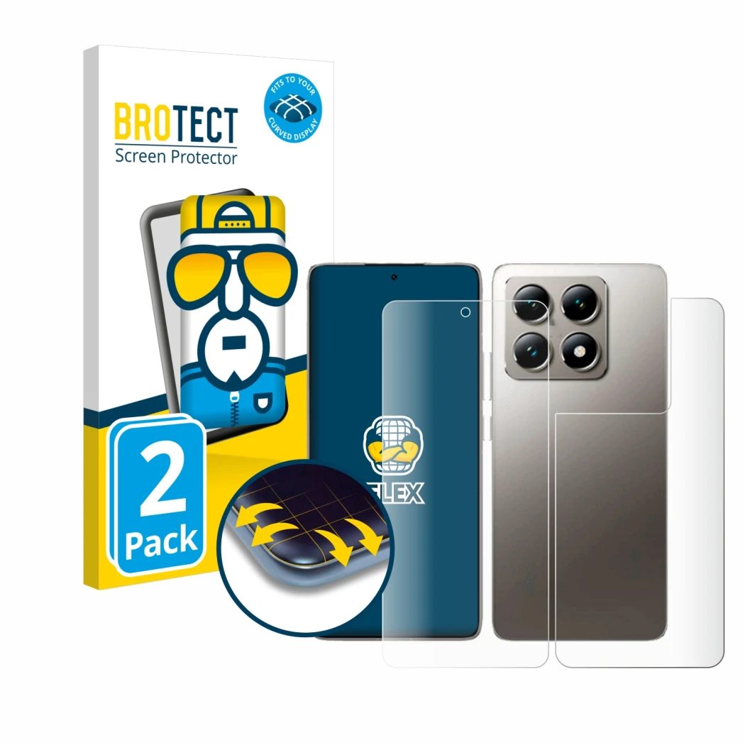 Front side of a product packaging with the brand logo BROTECT. Next to it is the device Xiaomi 14T (Front+Back) shown with the