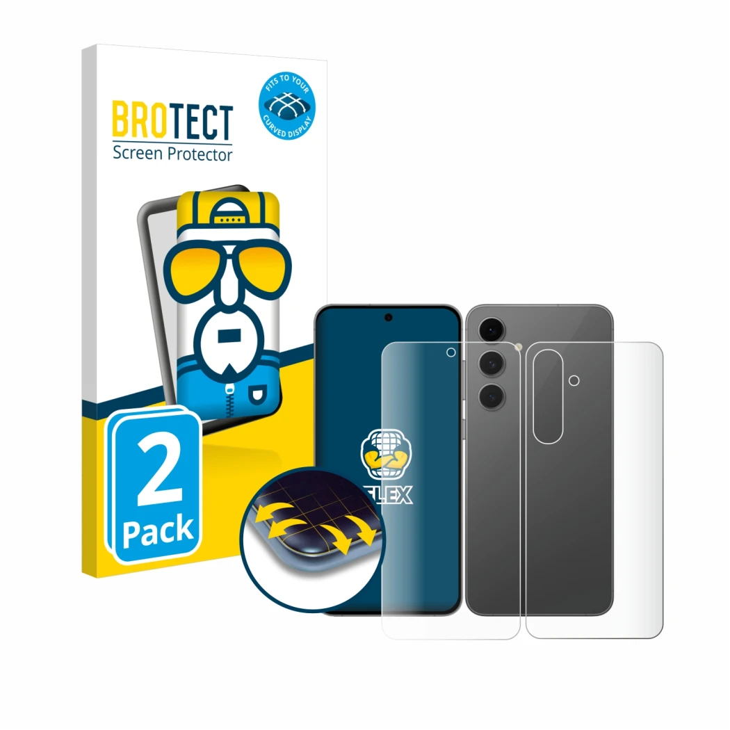 Front side of a product packaging with the brand logo BROTECT. Next to it is the device Samsung Galaxy S24 FE (Front+Back) sho