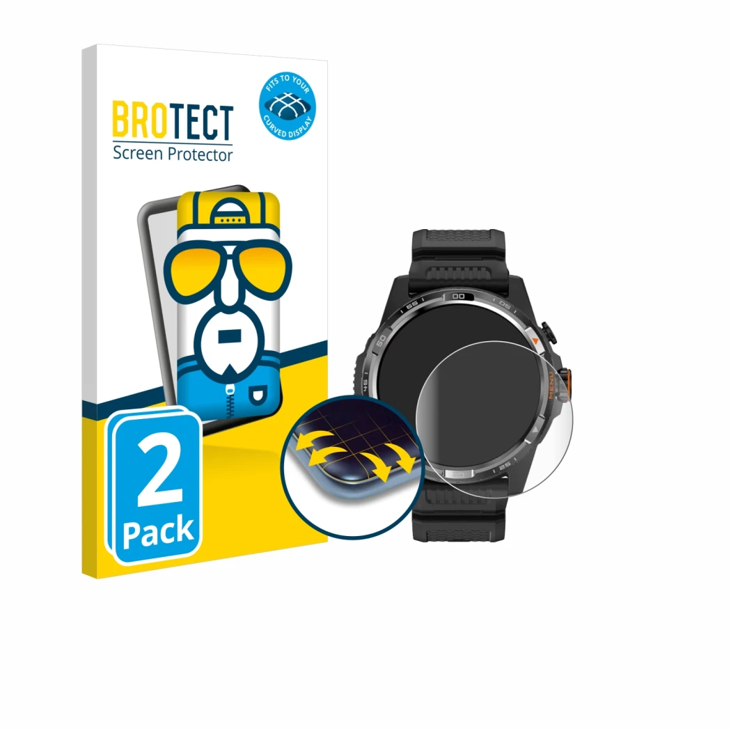 Front side of a product packaging with the brand logo BROTECT. Next to it is the device Mobvoi Ticwatch Atlas shown with the c