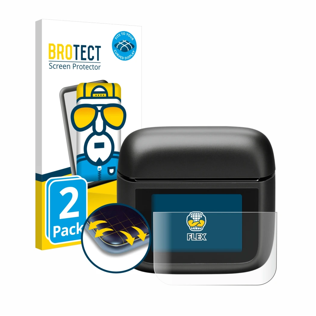 Front side of a product packaging with the brand logo BROTECT. Next to it is the device JBL Tour Pro 3 shown with the correspo