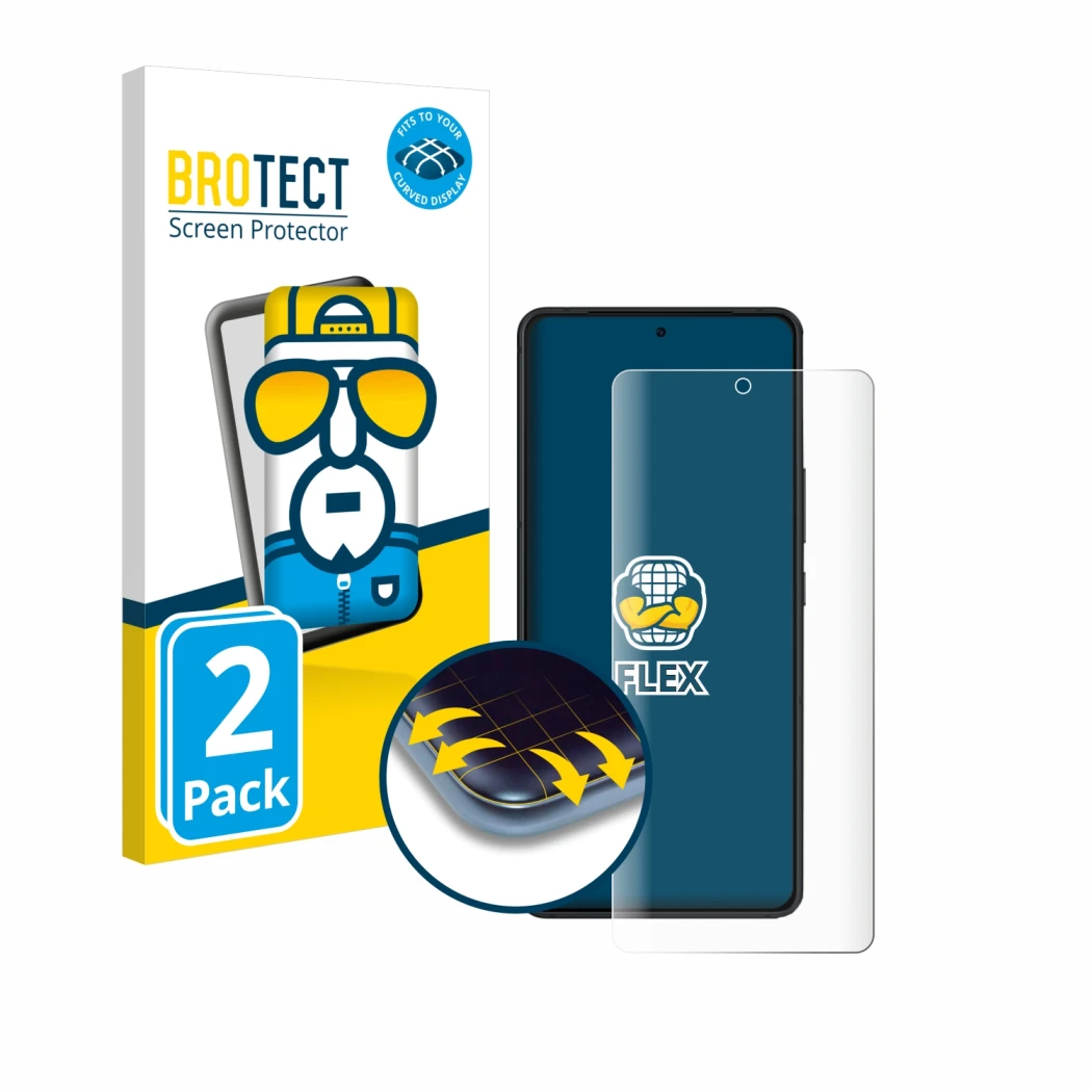 Front side of a product packaging with the brand logo BROTECT. Next to it is the device ASUS ROG Phone 8 Pro Edition shown wit