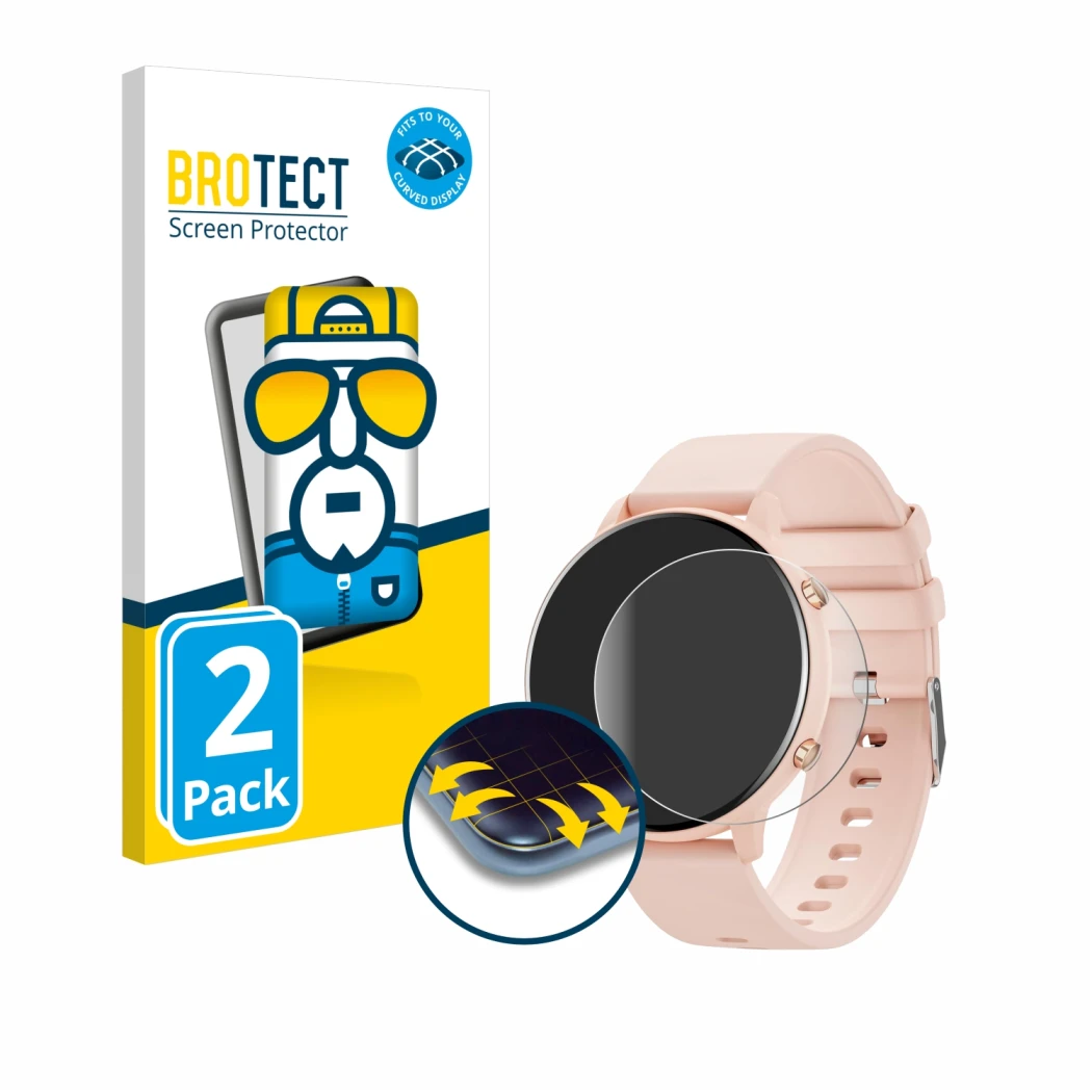 Front side of a product packaging with the brand logo BROTECT. Next to it is the device Hwagol Smartwatch G25 1.39