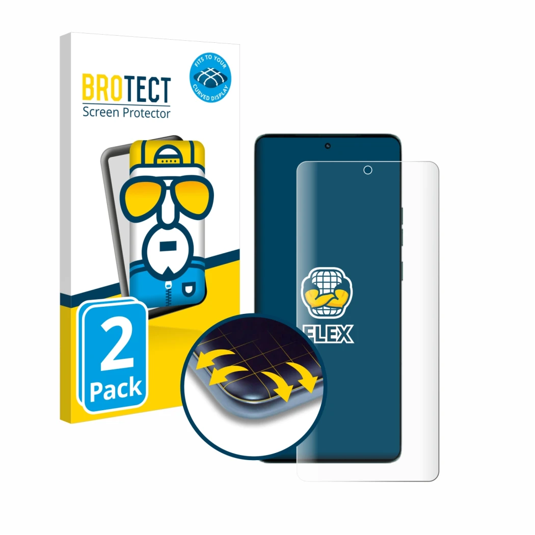 Front side of a product packaging with the brand logo BROTECT. Next to it is the device Motorola Edge 50 shown with the corres