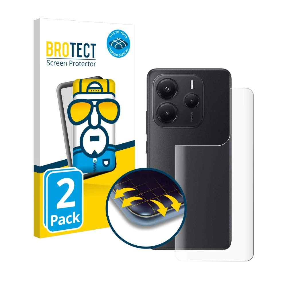 Front side of a product packaging with the brand logo BROTECT. Next to it is the device Xiaomi Redmi Note 14 (Back) shown with