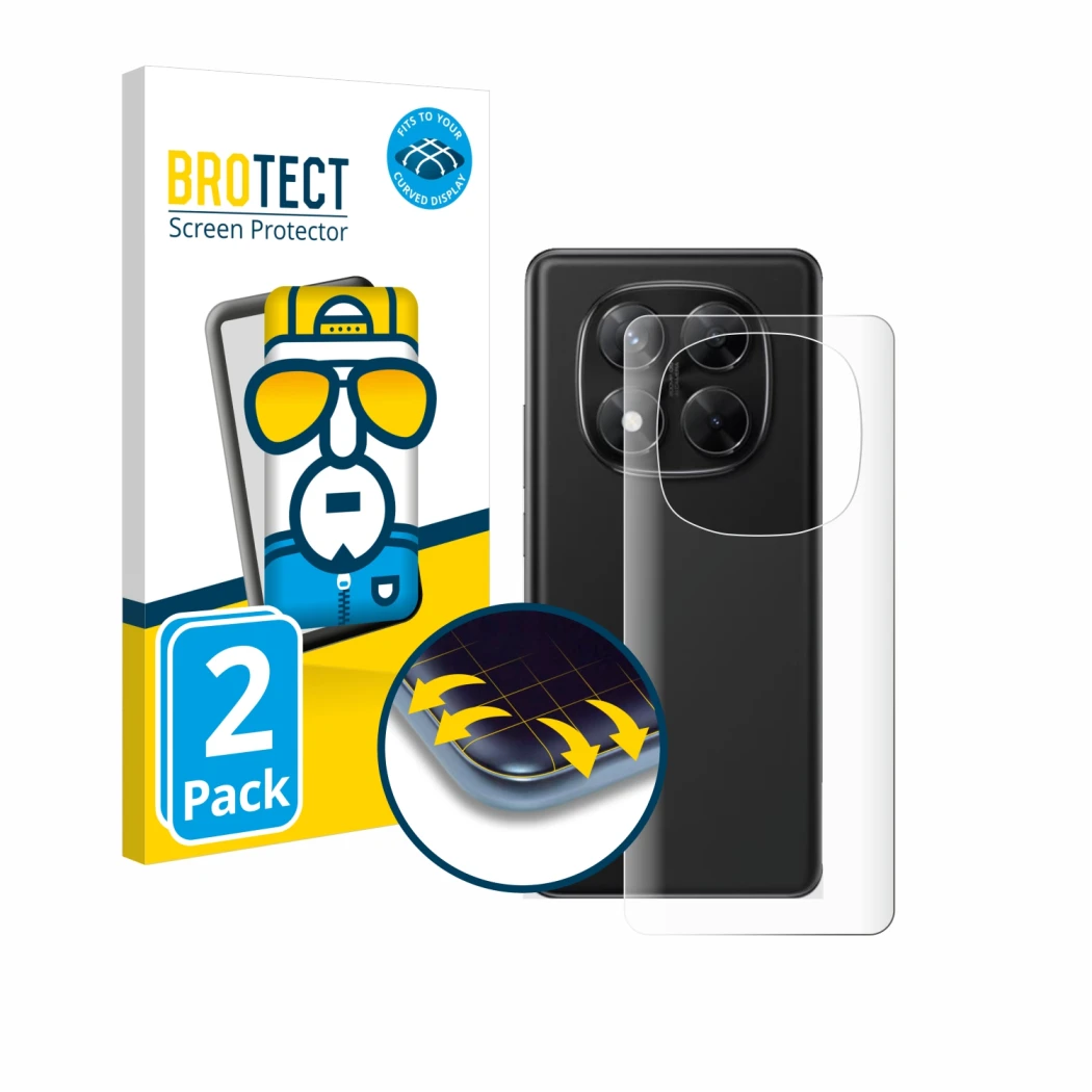 Front side of a product packaging with the brand logo BROTECT. Next to it is the device Xiaomi Redmi Note 14 Pro (Back) shown