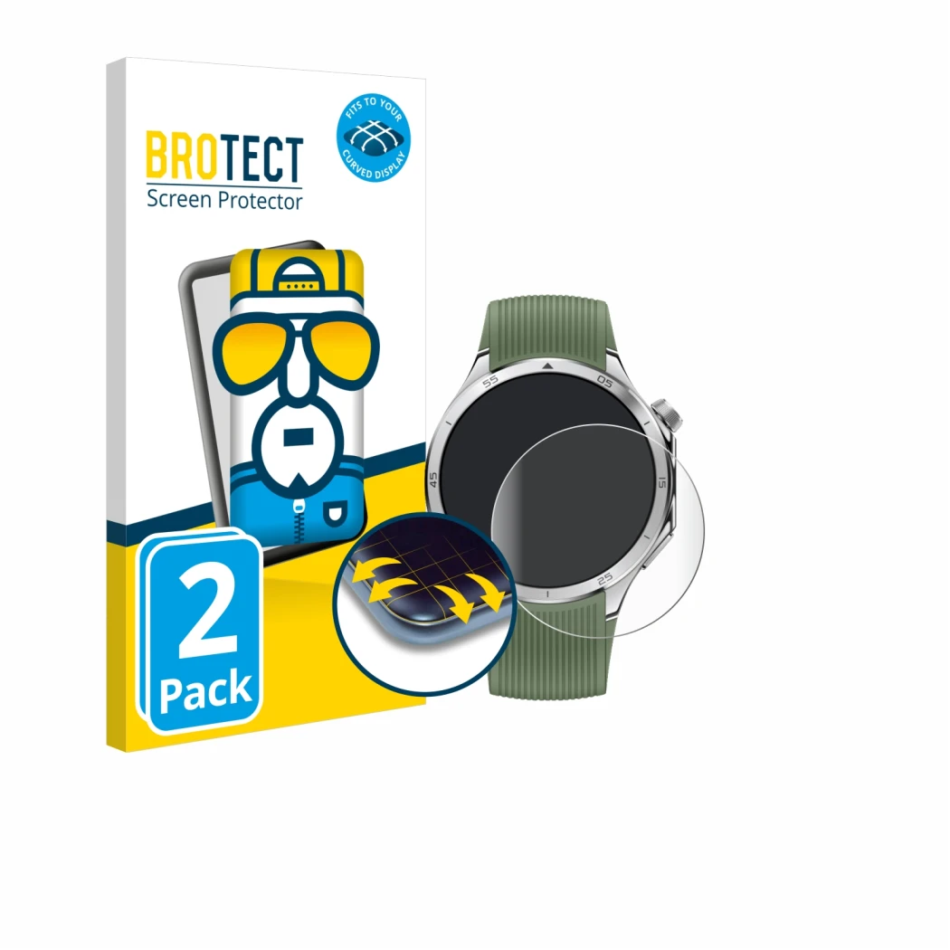 Front side of a product packaging with the brand logo BROTECT. Next to it is the device OnePlus Watch 3 shown with the corresp