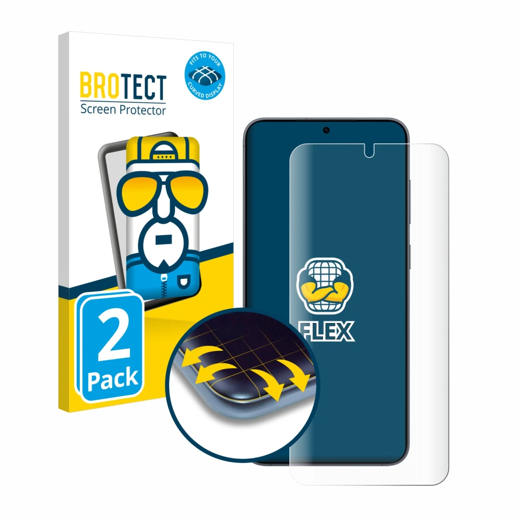 Front side of a product packaging with the brand logo BROTECT. Next to it is the device Samsung Galaxy S25 Plus shown with the