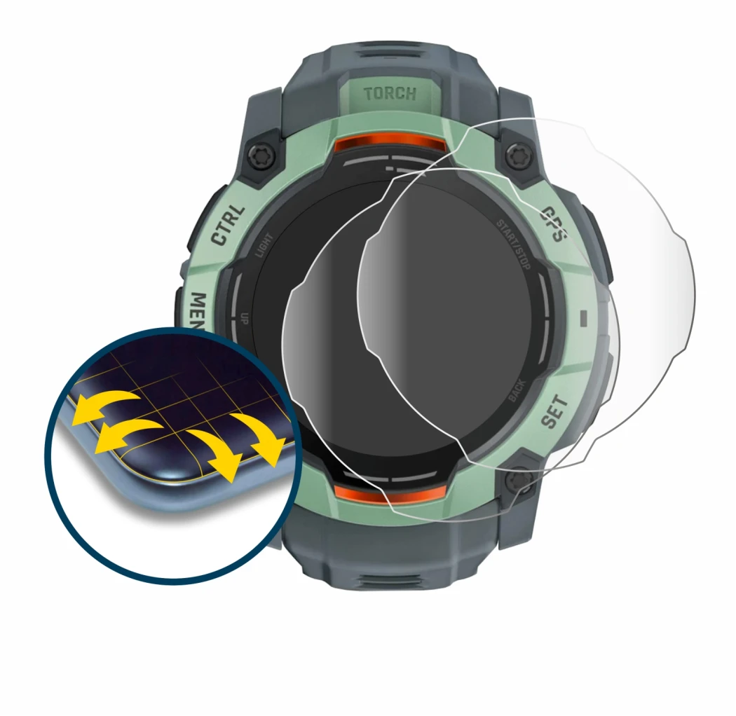 Image of the device Garmin Instinct 3 AMOLED (50 mm) with a wide variety of screen protectors.