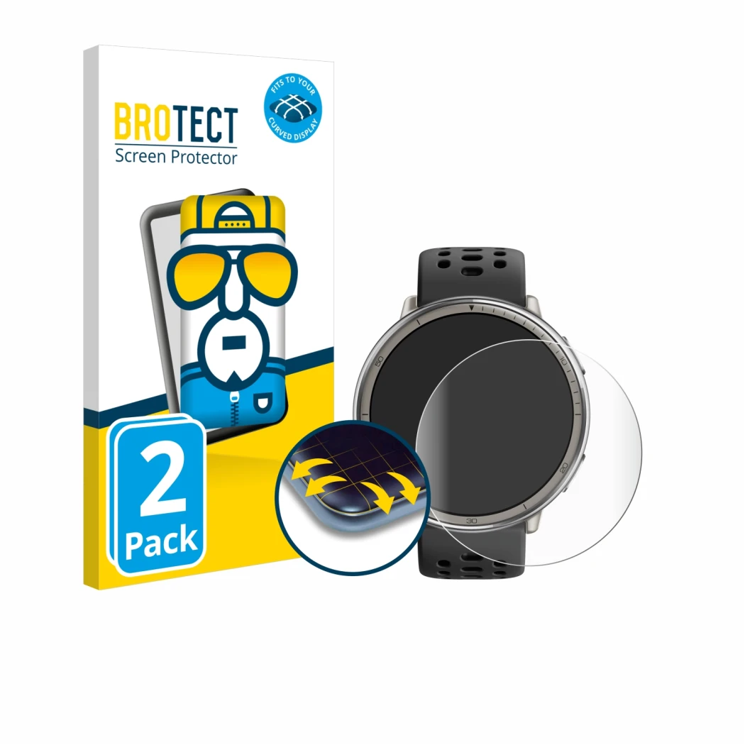 Front side of a product packaging with the brand logo BROTECT. Next to it is the device Amazfit Active 2 shown with the corres