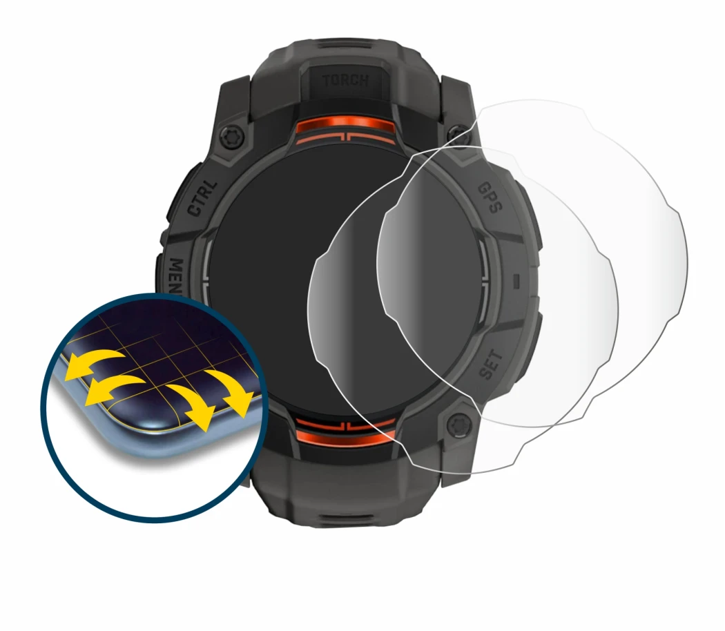 Image of the device Garmin Instinct 3 Solar (45 mm) with a wide variety of screen protectors.