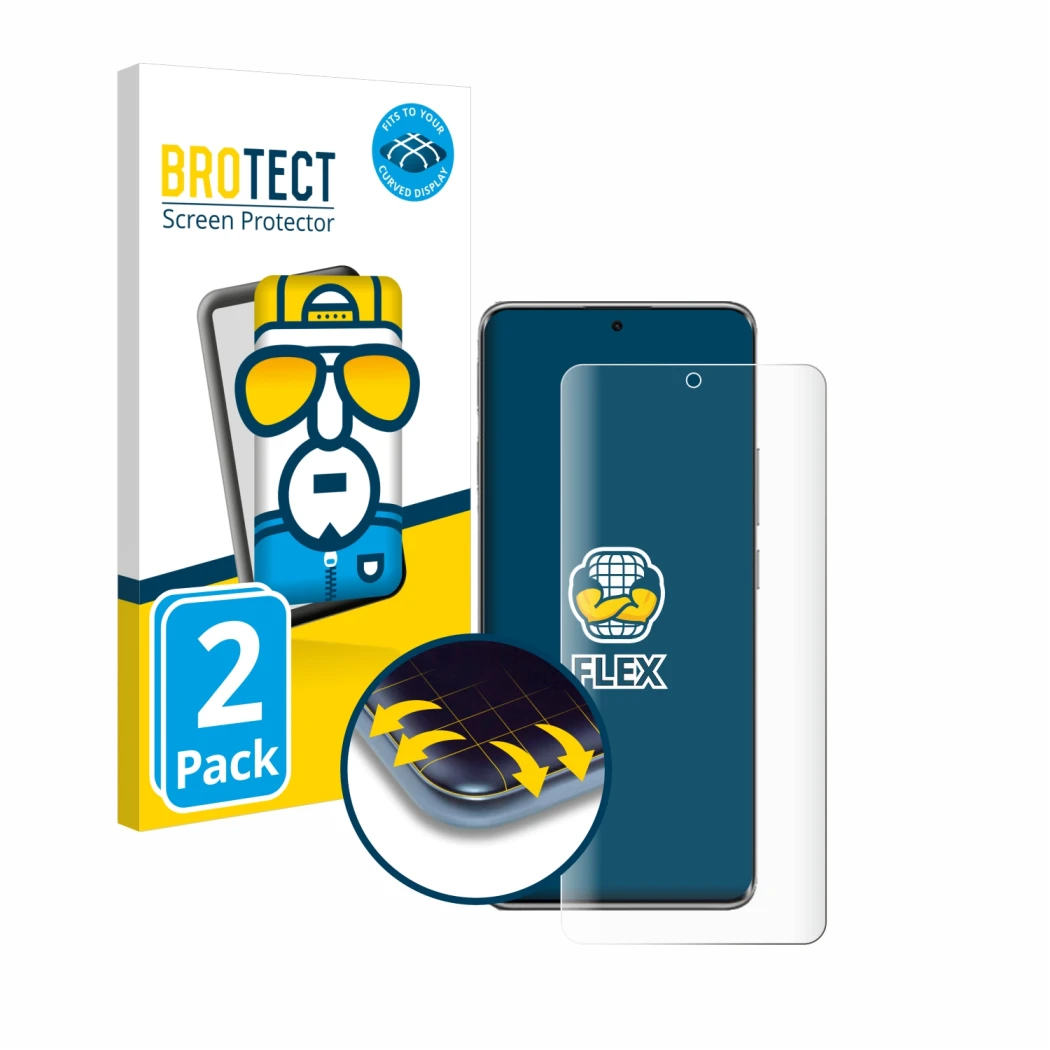 Front side of a product packaging with the brand logo BROTECT. Next to it is the device Xiaomi Poco X7 shown with the correspo