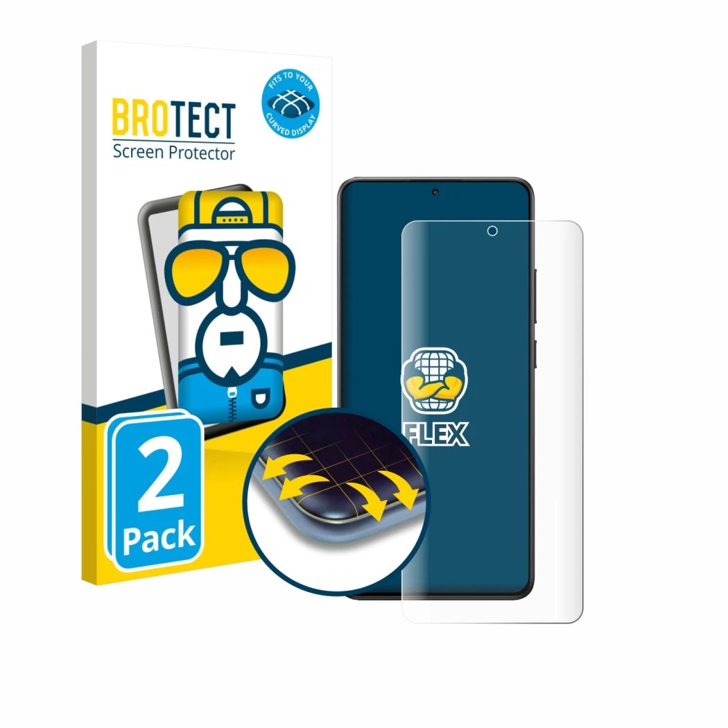 Front side of a product packaging with the brand logo BROTECT. Next to it is the device Xiaomi Poco X7 Pro shown with the corr